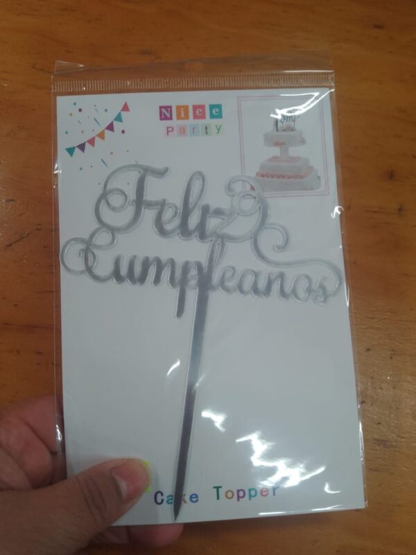 Topper para torta feliz cumpleaños plateado